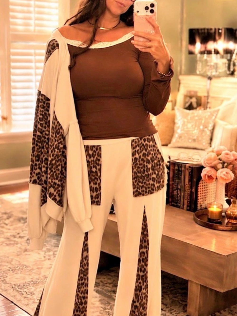 Leopard Print Wide Leg Set in Cream & Brown